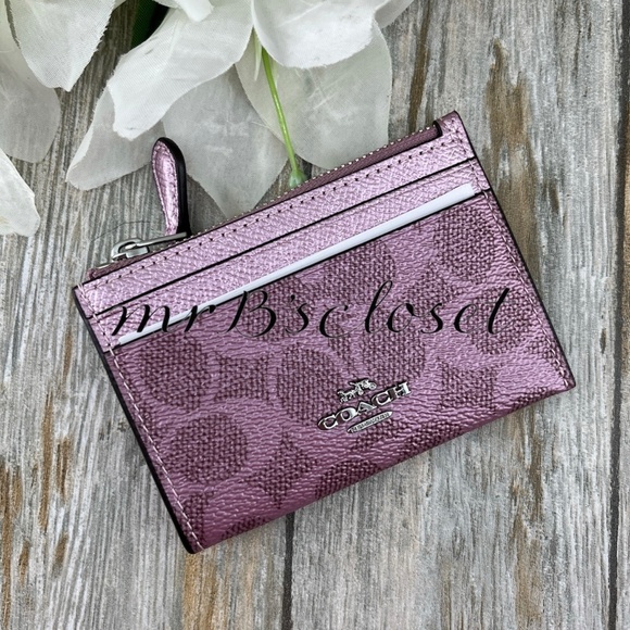 Coach Mini Skinny Id Case In Signature Canvas & Pink Metallic WalletBag Purse - Picture 1 of 7